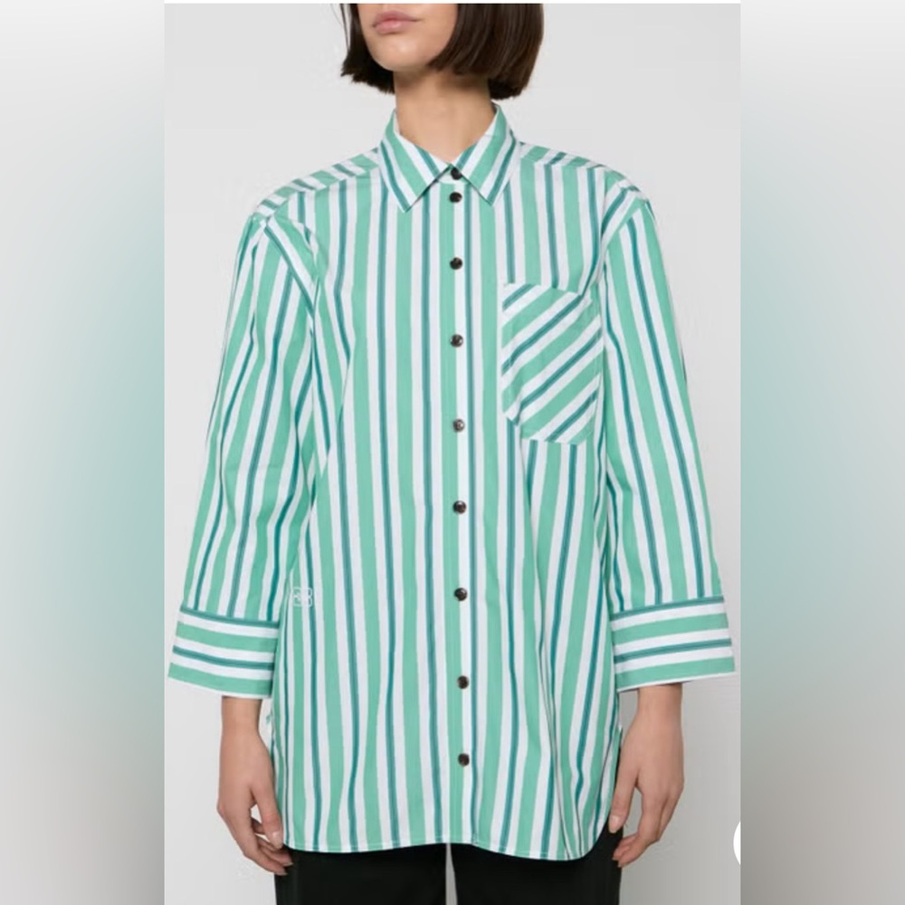 Ganni Green Stripped Cotton Oversized Shirt, size 6